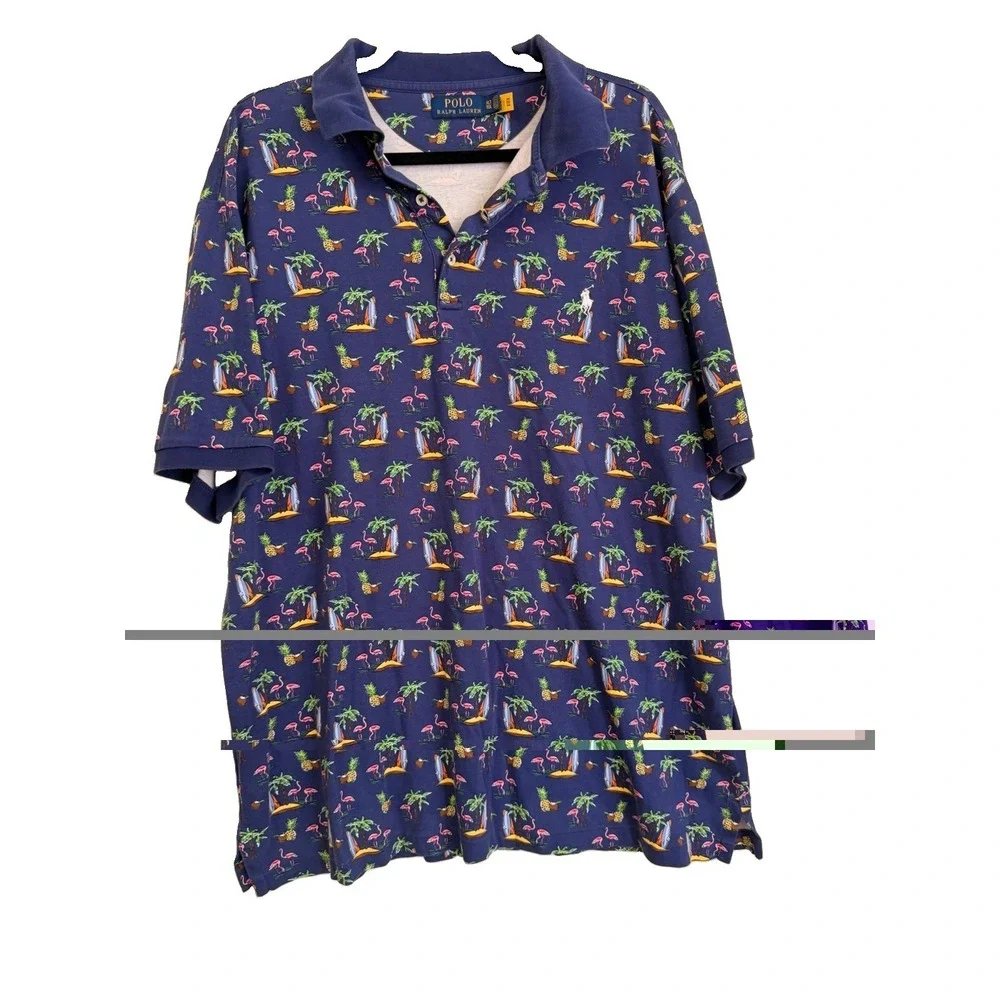 Polo Ralph Lauren Novelty Tropical Flamingo Tree Polo Shirt Blue Men's Size XLT